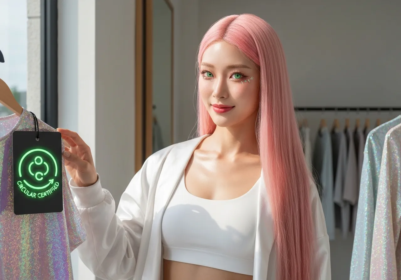 지속 가능한 패션 매장에서 순환 인증 마크를 확인하는 루미의 모습