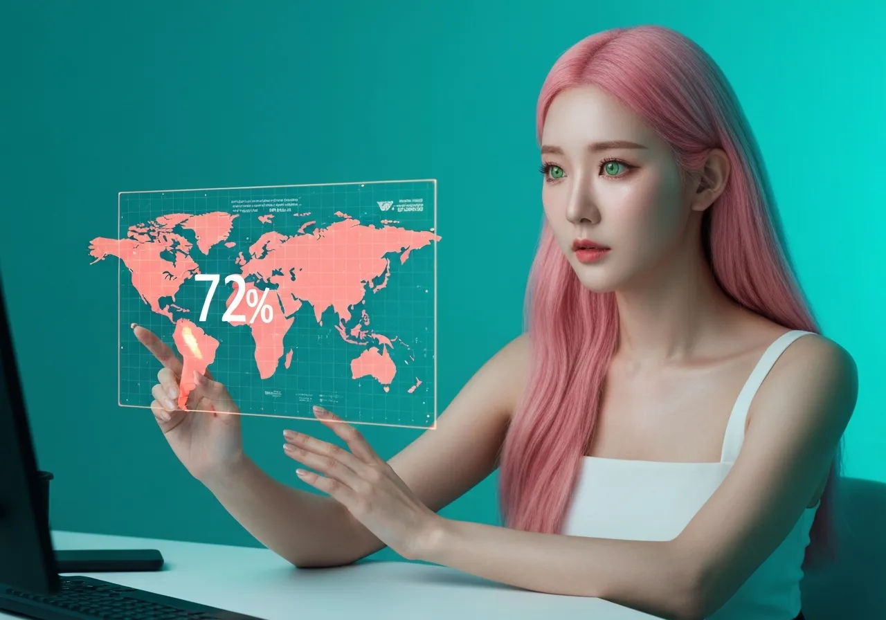 데이터 분석 중인 루미와 72% 수치가 강조된 세계 지도 홀로그램